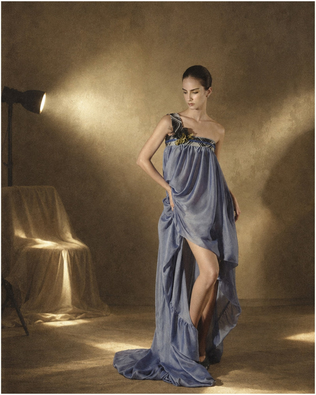 Beaded One-Shoulder Draped Gown