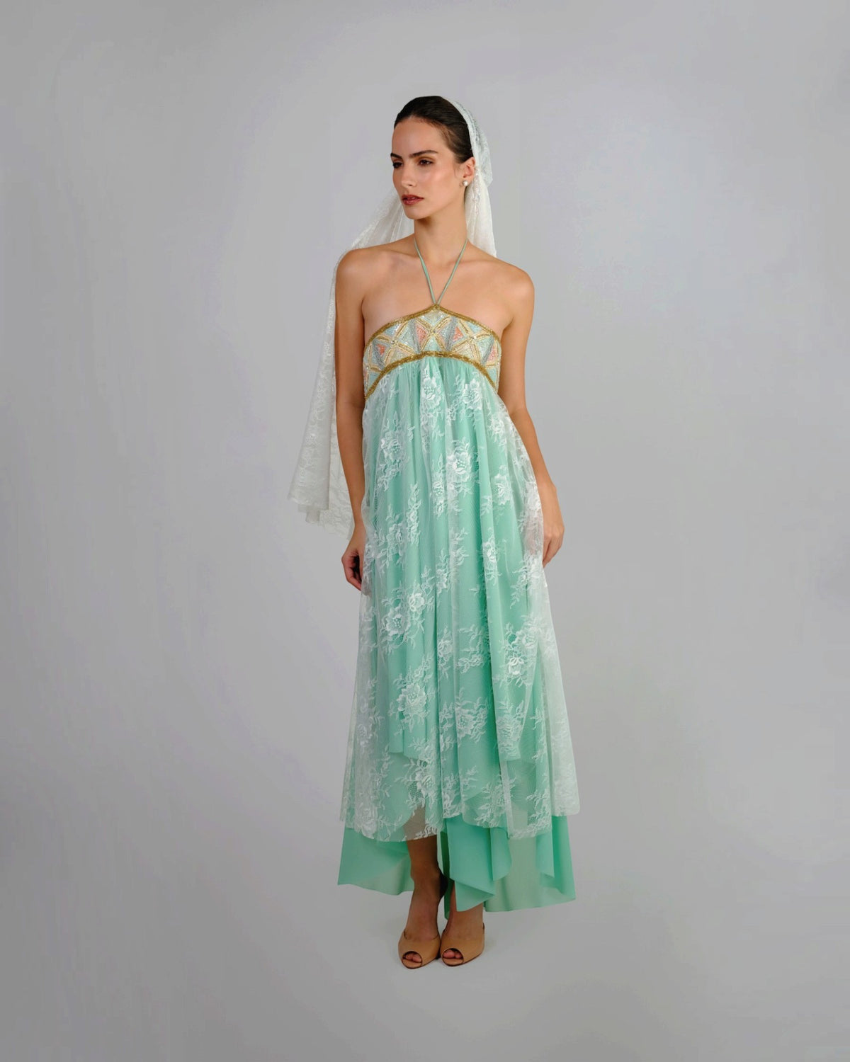Embellished Lace Halter Gown
