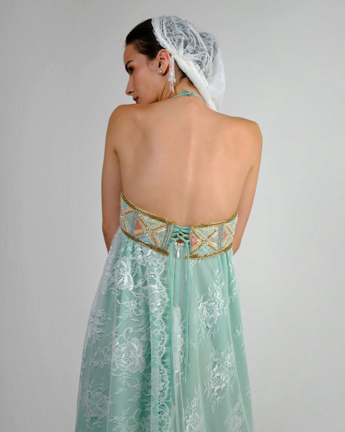 Embellished Lace Halter Gown