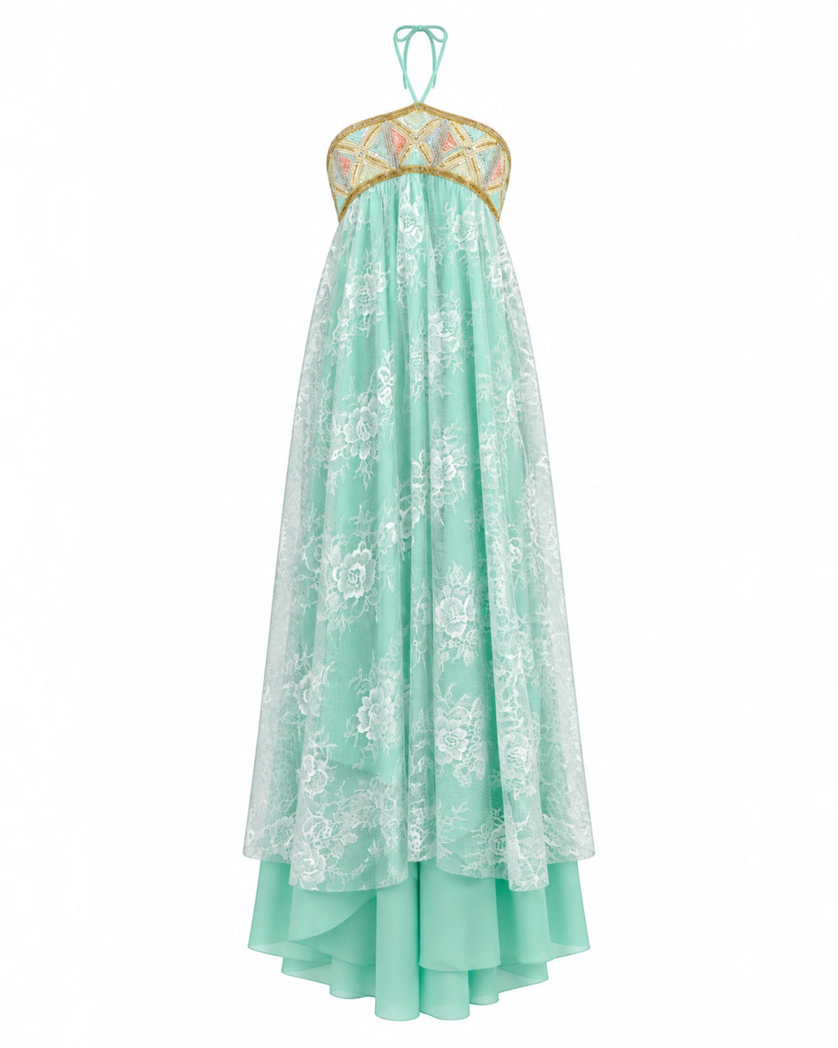 Embellished Lace Halter Gown