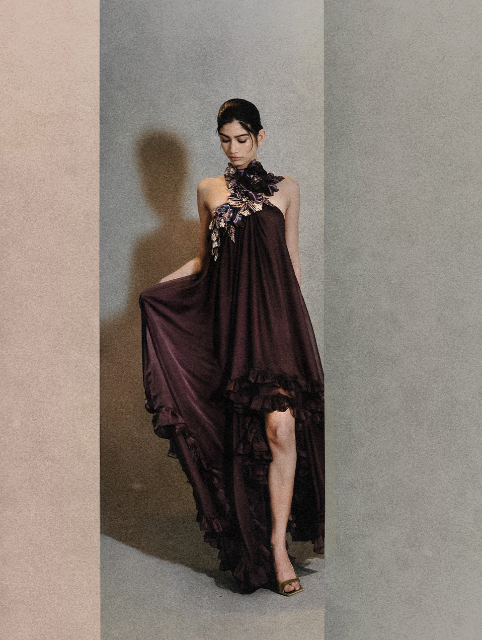 Brown High-Low Chiffon Dress
