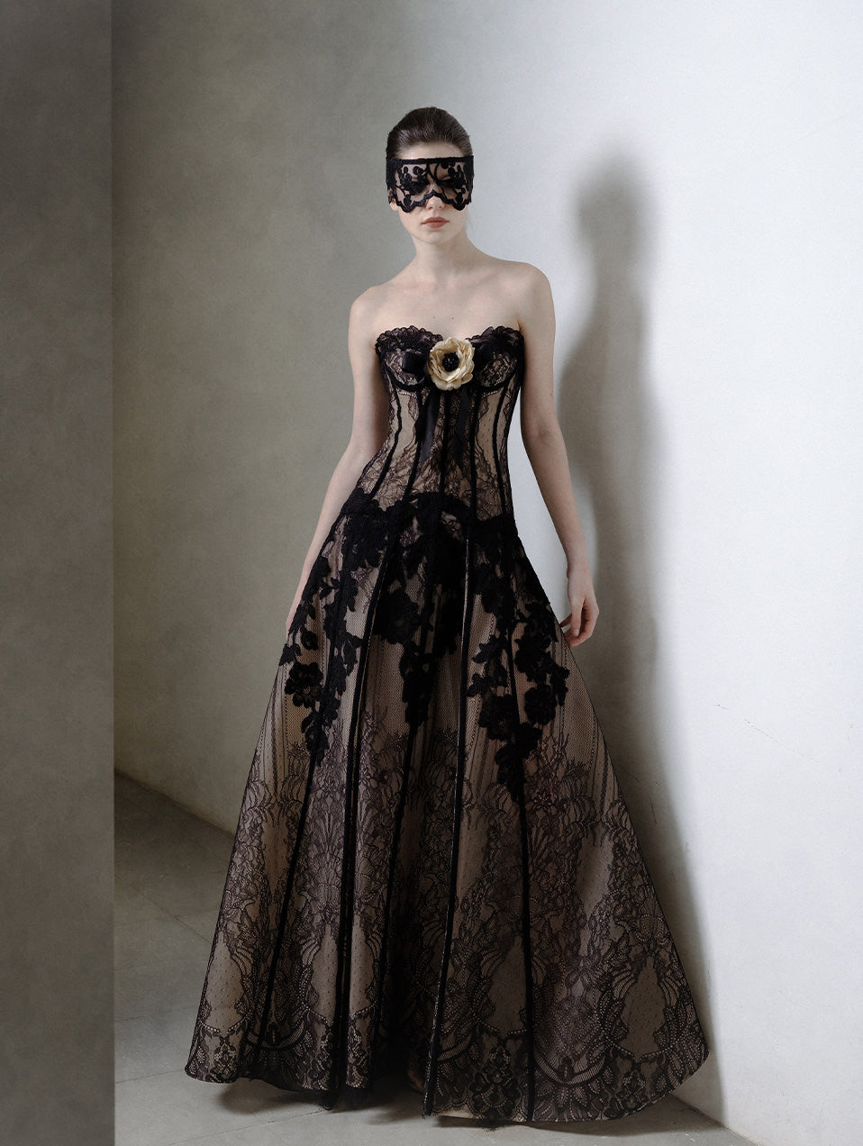 Floral Appliqué Black Lace Dress