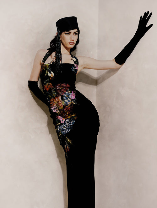 Black Floral Fitted Gown
